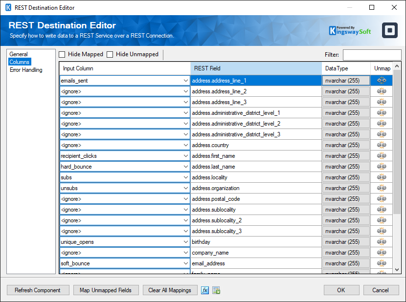 SSIS Square REST Destination - Columns